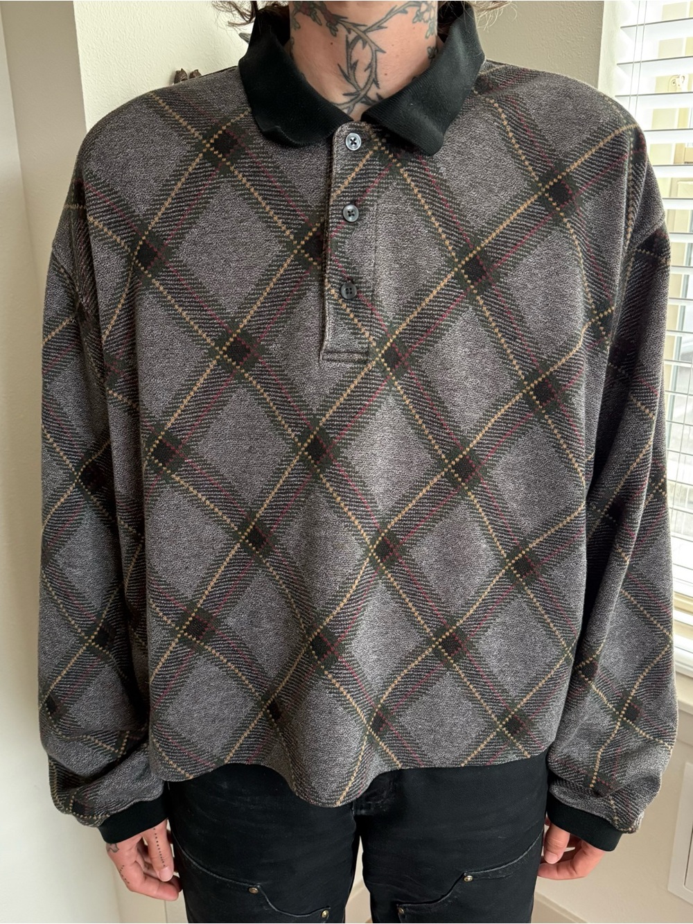Vintage 90s Cropped Boxy Argyle Plaid LS Knit Polo Chaps Ralph Lauren ~ Size XL